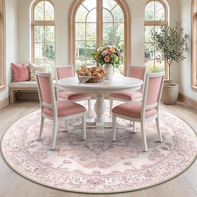 RELEANY Area Rugs Round 7ft Washable Non-Slip, Floral Vintage Distress Print by RELEANY