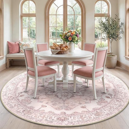 RELEANY Area Rugs Round 7ft Washable Non-Slip, Floral Vintage Distress Print by RELEANY