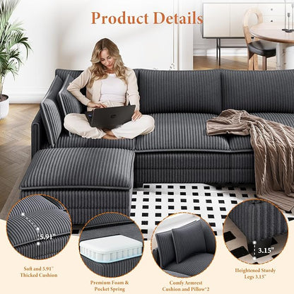 Vesgantti 109" L Shaped Cloud Sectional Couch, Comfy Corduroy Upholstered - Image 3
