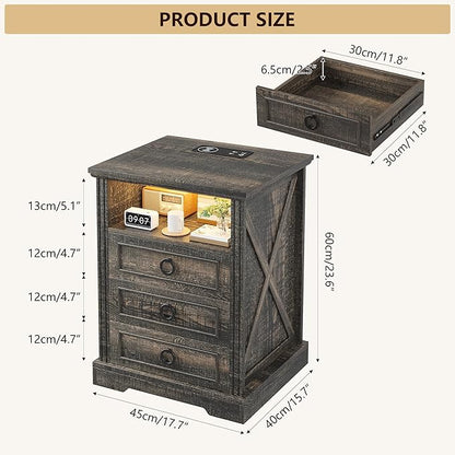 Nightstand with Charging Station, Farmhouse End Side Table with 3 Drawers and - Image 2