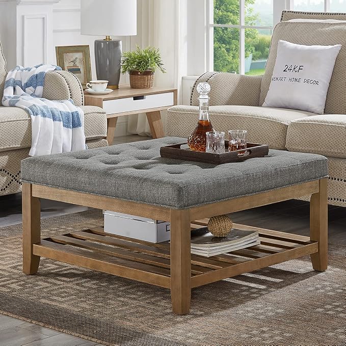 24KF Large Square Upholstered Tufted Linen Ottoman Coffee Table, Large Footrest by WEMARTHOMEDECOR