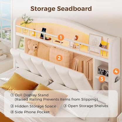 Full Size Bed Frame with LED Storage Headboard & 2 Storage Drawers, Velvet - Image 4