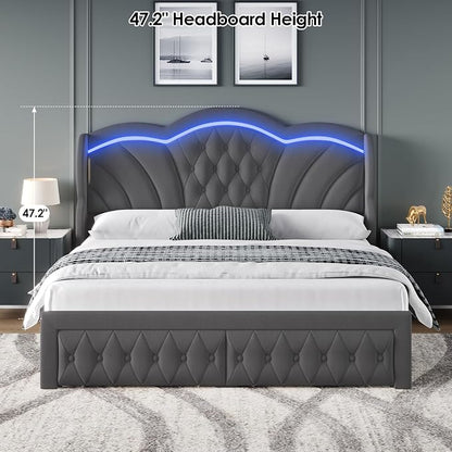 Keyluv Queen Bed Frame with LED Lights and 2 Storage Drawers, Velvet - Image 5