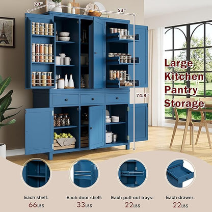 74.8''H High Freestanding Kitchen Pantry, Wooden Kitchen Organizers Cupboard - Image 5