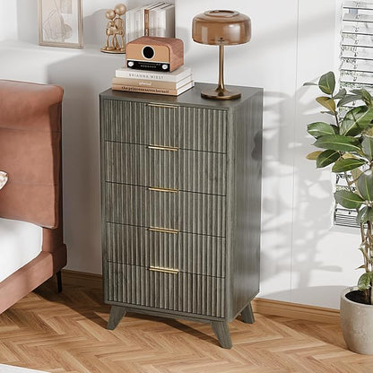 VINGLI Fluted Tall Dresser 5 Drawer, 23.66" W Chest of Drawers Gray Wood Dresser by VINGLI
