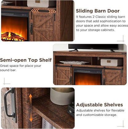 OKD Fireplace TV Stand for 65+ Inch TV, Rustic Media Console w/Sliding Barn - Image 3