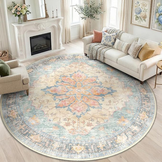 RELEANY Area Rugs Round 6ft Washable Non-Slip, Floral Vintage Distress Print by RELEANY