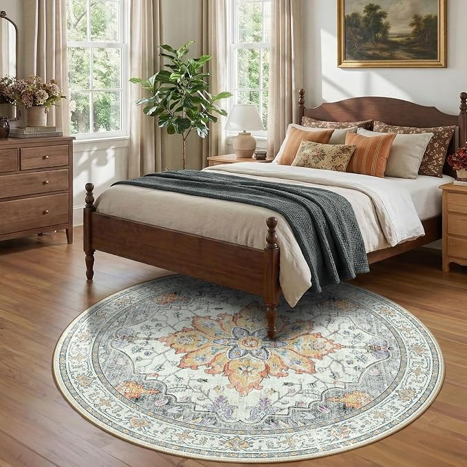 RELEANY Area Rugs Round 7ft Washable Non-Slip, Floral Vintage Distress Print - Image 2