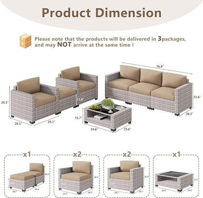 LOUVIXA 7 Piece Outdoor Patio Furniture Set, Rattan Chairs Glass Table Wicker - Image 2