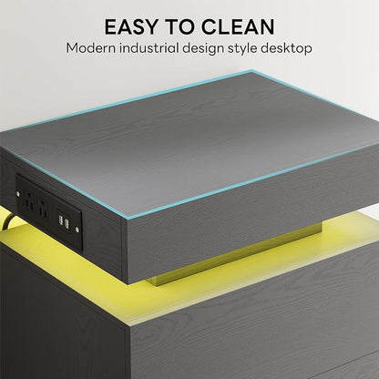 LIKIMIO Night Stand with Charging Station, Modern Grey Nightstand with LED - Image 9