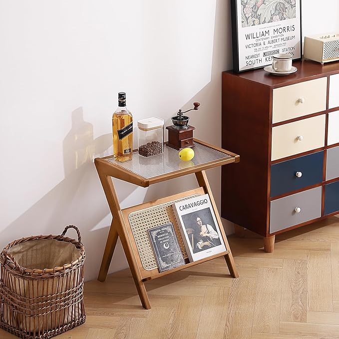 Tiita Rattan Nightstand Side Table, Bamboo Accent Bedside Tables, Glass Coffee - Image 10