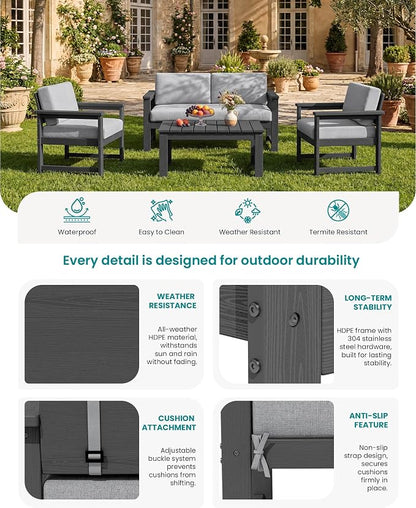 SERWALL 4 Pieces HDPE Outdoor Sofa Set - Image 4