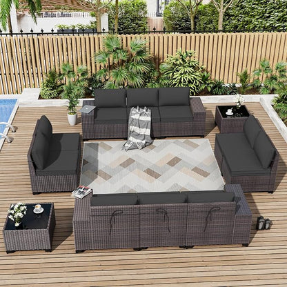ALAULM 12 Pieces Patio Furniture Set Outdoor Sectional Sofa Brown PE Rattan by ALAULM
