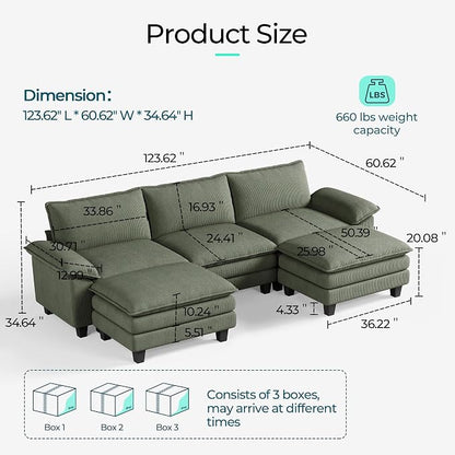 LINSY HOME 123" Modular U-Shaped Sectional Sofa, 3-Seat Corduroy Modern Cloud - Image 2