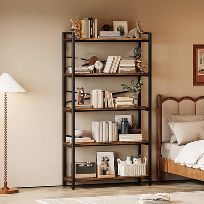 5 Tier Bookshelf 31.49" Width, Book Organizers and Storage, Wood and Metal Tall - Image 6