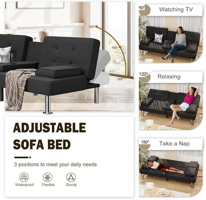 Shahoo Modern Linen Upholstered Convertible Folding Futon Sofa Bed - Image 4