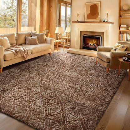 Ophanie 9x12 Brown and White Diamond Striped Rugs by Ophanie