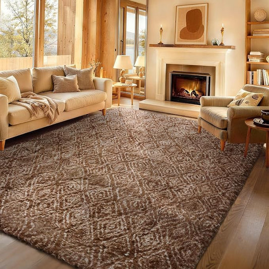 Ophanie 9x12 Brown and White Diamond Striped Rugs by Ophanie