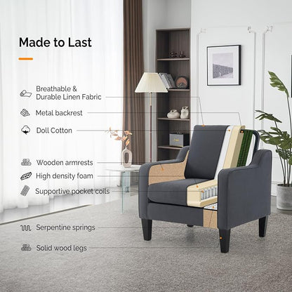 VINGLI Mid-Century Modern Accent Chair, Dark Grey Linen Upholstered, - Image 5