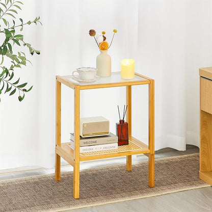 2-Tier Bamboo Side Table, Modern Glasstop Rattan Side Table, Mid Century Wood - Image 6