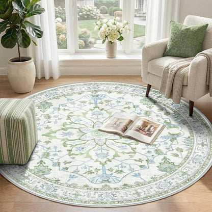 RELEANY Area Rugs Round 4ft Washable Non-Slip, Floral Vintage Distress Print - Image 2