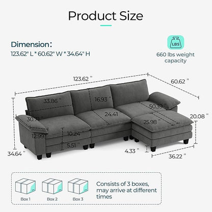 LINSY HOME 123" Modular L-Shaped Sectional Sofa, 3-Seat Corduroy Modern Cloud - Image 2