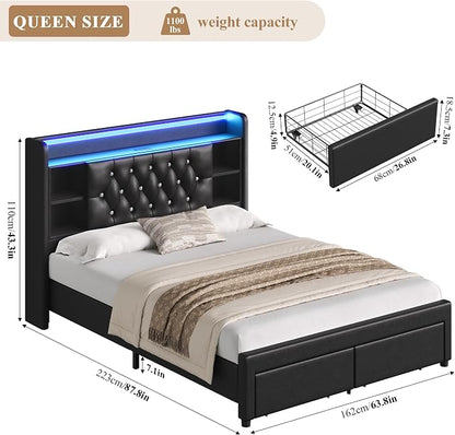 Queen Bed Frame with Drawers, Hidden-Cubby & Shelves Storage Headboard with - Image 2