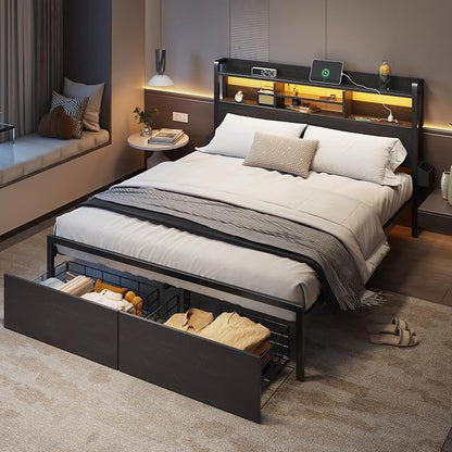 Furnulem Queen Bed Frame with Wood Headboard and Storage Shelf, Metal Platform - Image 7