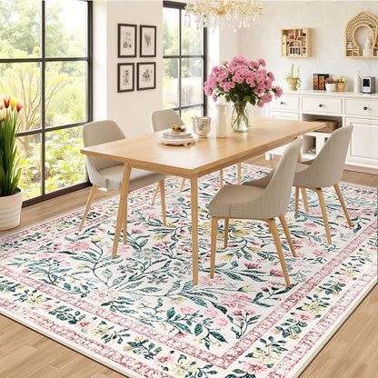 Area Rugs 9x12 Living Room: Floral Washable Rug Vintage Large Soft Boho - Image 4