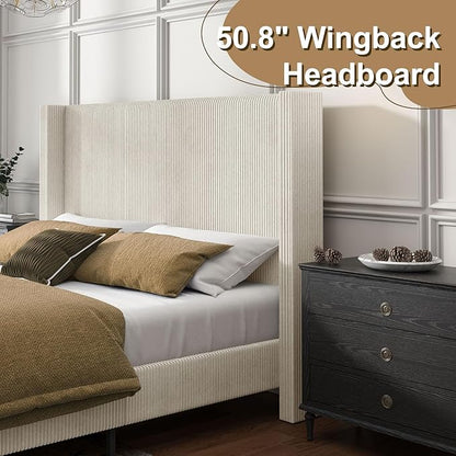 HOWE King Size Bed Frame with 50.8" Tall Wingback Headboard, Modern Corduroy - Image 5