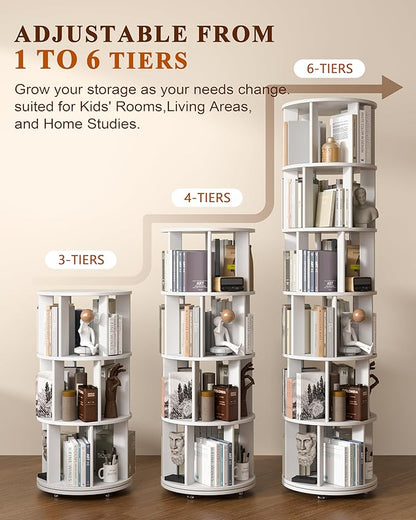 6-Tier Solid Wood Rotating Bookshelf on Wheels, 360° Spinning Book Shelf Tower - Image 4