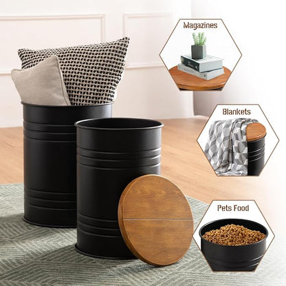 Glitzhome Rustic End Table Set of 2, Farmhouse Galvanized Metal Barrel Ottoman - Image 5