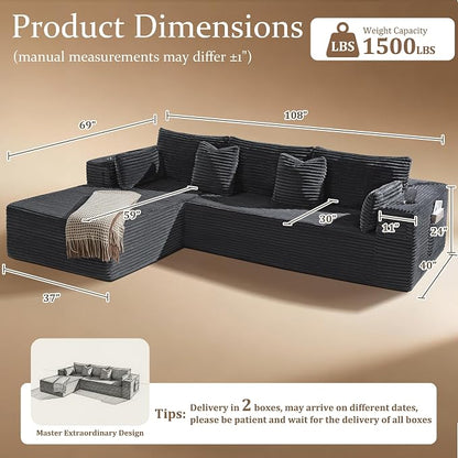 108" Oversized Cloud Sectional Couch, Comfort L Shaped Boneless Couch - Image 2