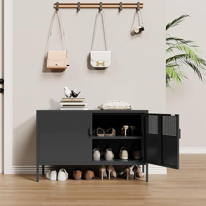 Metal Storage Cabinet, 2 Door TV Stand, Metal Mesh Accent Cabinet, Magnetic - Image 5