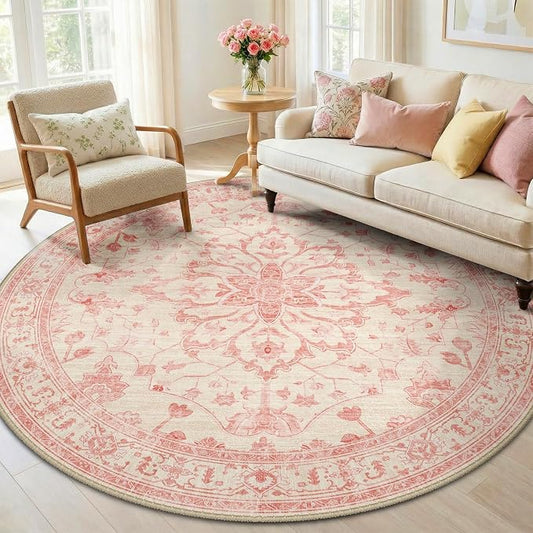 RELEANY Area Rugs Round 6ft Washable Non-Slip, Floral Vintage Distress Print by RELEANY
