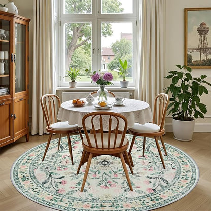 Round Area Rug for Living Room: 6 ft Floral Washable Circle Rug Soft Non-Slip - Image 4