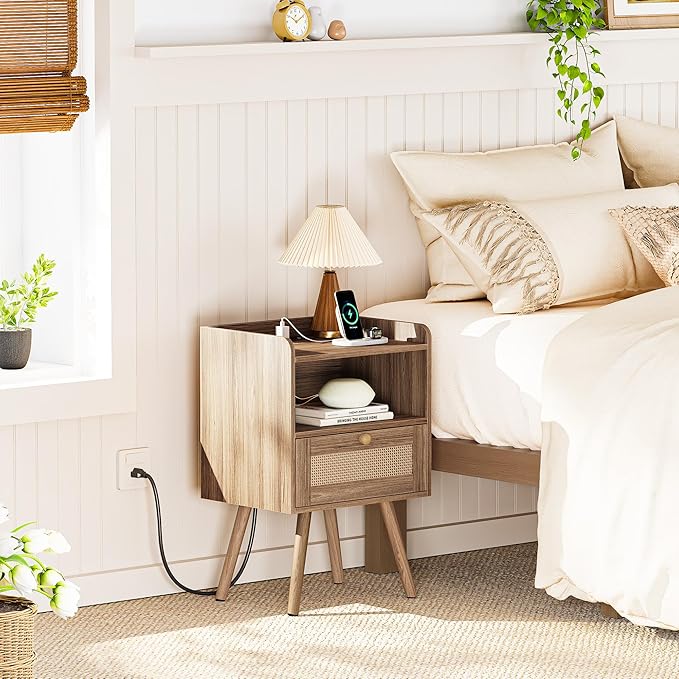 SUPERJARE Nightstand with Charging Station & Rattan-Like Decor Drawer, Rattan - Image 2
