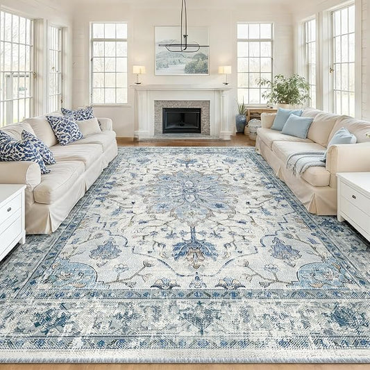 RELEANY Area Rugs 10'x12' Washable Non-Slip, Floral Vintage Distress Print by RELEANY