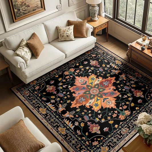 RELEANY Area Rugs Square 6ft Washable Non-Slip, Floral Vintage Distress Print by RELEANY
