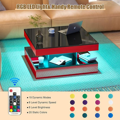 HedoAjim Red LED Coffee Table for Living Room, Living Room Table 2-Tier Square - Image 4