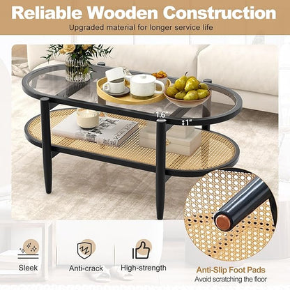 Giantex Rattan Coffee Table, 2-Tier Oval Wood Tea Table - Image 5
