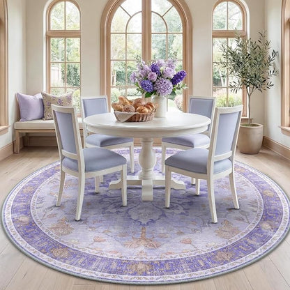 RELEANY Area Rugs Round 7ft Washable Non-Slip, Floral Vintage Distress Print by RELEANY