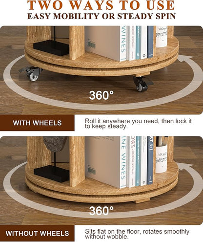 4-Tier Solid Wood Rotating Bookshelf on Wheels, 360° Spinning Book Shelf Tower - Image 5