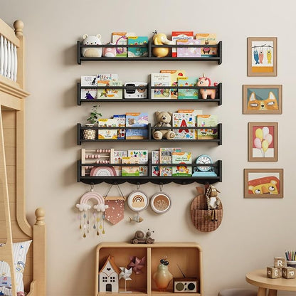 34Inch Nursery Bookshelves, Wall Floating Shelf Kids Coat Rack - Image 4