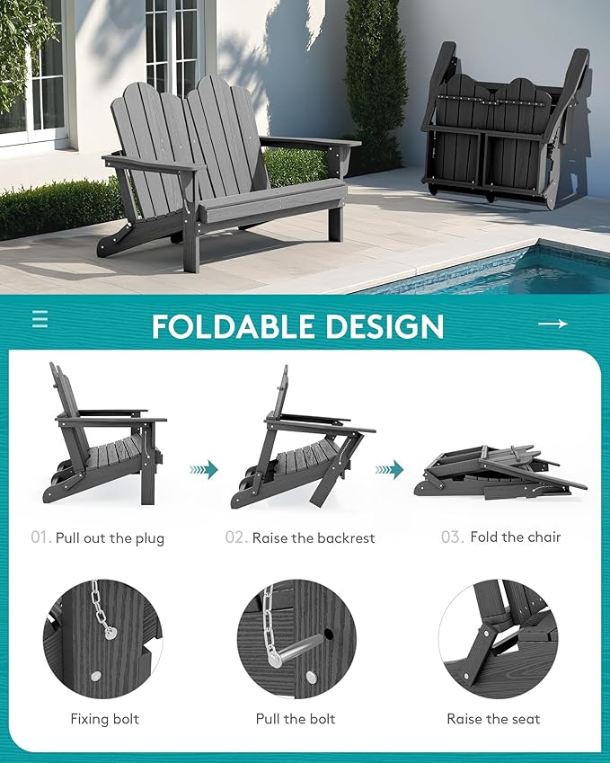 SERWALL Folding Adirondack Bench, HDPE All-Weather Adirondack Loveseat Set of 2 - Image 4