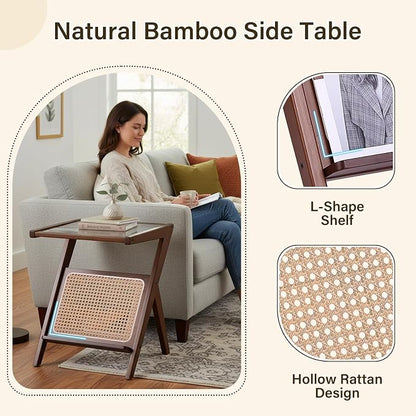Tiita Rattan Nightstand Side Table, Bamboo Accent Bedside Tables, Glass Coffee - Image 7
