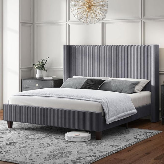 HOWE Queen Size Bed Frame with 50.8" Tall Wingback Headboard, Modern Corduroy by HOWE