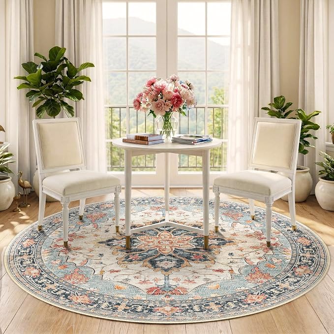 RELEANY Area Rugs Round 5ft Washable Non-Slip, Floral Vintage Distress Print - Image 2