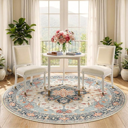 RELEANY Area Rugs Round 5ft Washable Non-Slip, Floral Vintage Distress Print - Image 2