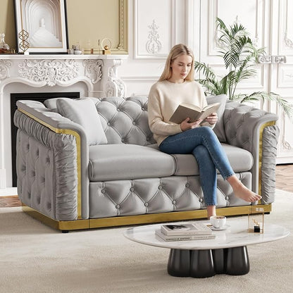 2 Piece Velvet Chesterfield Sofa Luxury Tufted Sofa Black and Gold Couch Set - Image 7